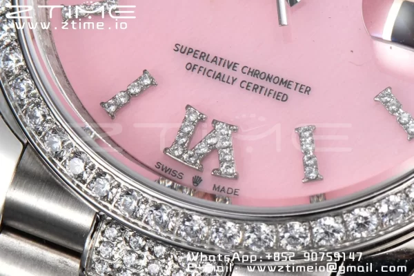 Rolex DayDate 36 SS CSF Best Edition  Rome diamonds Pink Dial on diamonds President Bracelet A2836 - Super Clone Watch | 1:1 Best Version