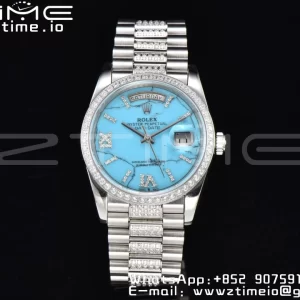 Rolex DayDate 36 SS CSF Best Edition  Rome diamonds Turquoise Dial on diamonds President Bracelet A2836 - Super Clone Watch | 1:1 Best Version