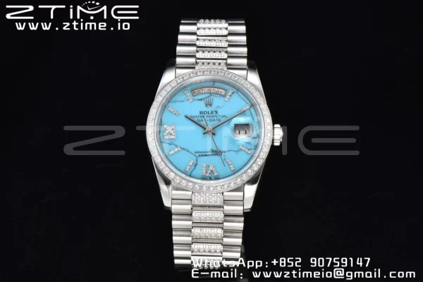 Rolex DayDate 36 SS CSF Best Edition  Rome diamonds Turquoise Dial on diamonds President Bracelet A2836 - Super Clone Watch | 1:1 Best Version