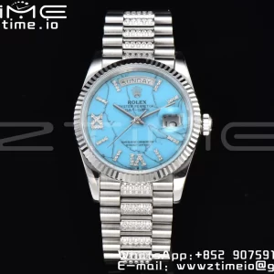 Rolex DayDate 36 SS CSF Best Edition  Rome diamonds Turquoise Dial on diamonds President Bracelet A2836 - Super Clone Watch | 1:1 Best Version