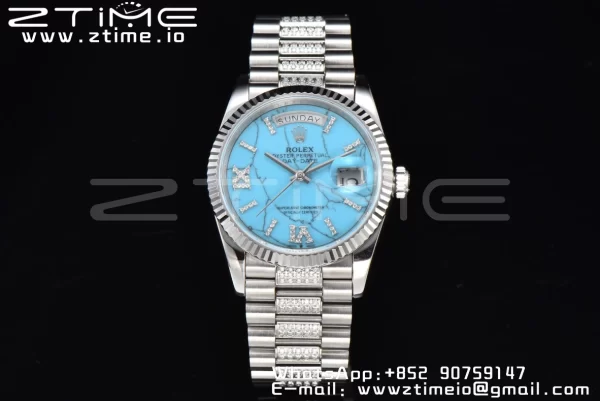 Rolex DayDate 36 SS CSF Best Edition  Rome diamonds Turquoise Dial on diamonds President Bracelet A2836 - Super Clone Watch | 1:1 Best Version