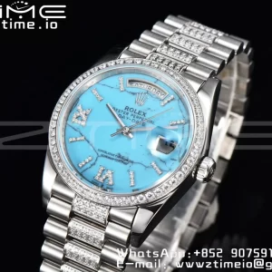 Rolex DayDate 36 SS CSF Best Edition  Rome diamonds Turquoise Dial on diamonds President Bracelet A2836 - Super Clone Watch | 1:1 Best Version