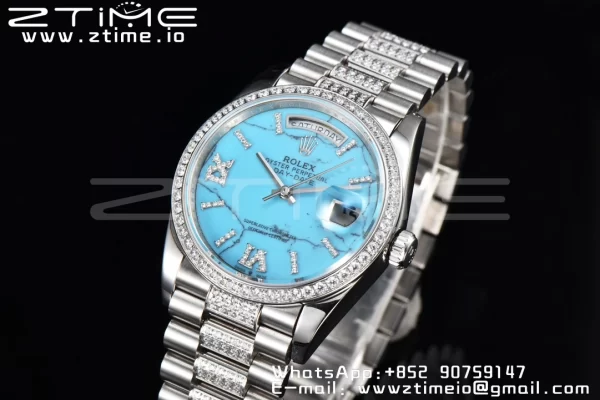 Rolex DayDate 36 SS CSF Best Edition  Rome diamonds Turquoise Dial on diamonds President Bracelet A2836 - Super Clone Watch | 1:1 Best Version