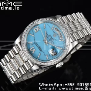 Rolex DayDate 36 SS CSF Best Edition  Rome diamonds Turquoise Dial on diamonds President Bracelet A2836 - Super Clone Watch | 1:1 Best Version