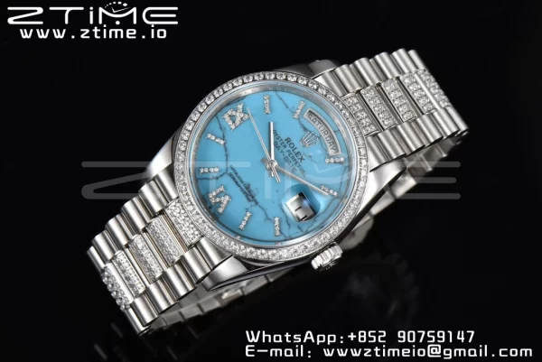 Rolex DayDate 36 SS CSF Best Edition  Rome diamonds Turquoise Dial on diamonds President Bracelet A2836 - Super Clone Watch | 1:1 Best Version