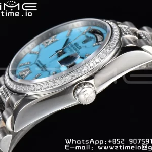 Rolex DayDate 36 SS CSF Best Edition  Rome diamonds Turquoise Dial on diamonds President Bracelet A2836 - Super Clone Watch | 1:1 Best Version