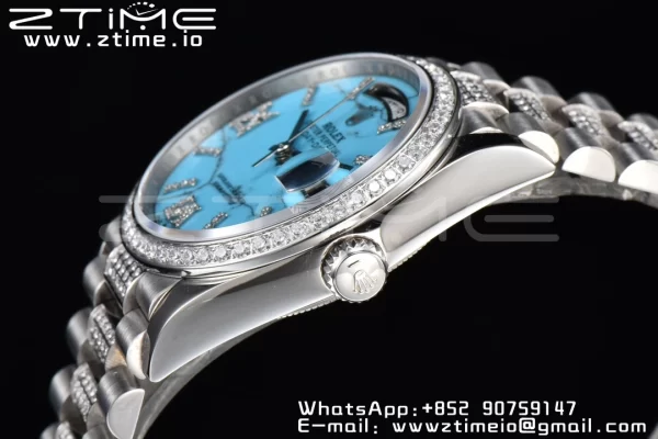 Rolex DayDate 36 SS CSF Best Edition  Rome diamonds Turquoise Dial on diamonds President Bracelet A2836 - Super Clone Watch | 1:1 Best Version
