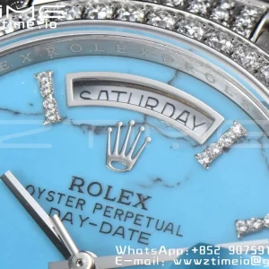 Rolex DayDate 36 SS CSF Best Edition  Rome diamonds Turquoise Dial on diamonds President Bracelet A2836 - Super Clone Watch | 1:1 Best Version