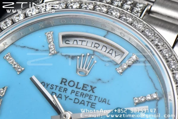 Rolex DayDate 36 SS CSF Best Edition  Rome diamonds Turquoise Dial on diamonds President Bracelet A2836 - Super Clone Watch | 1:1 Best Version