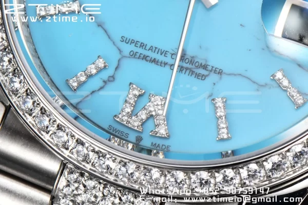 Rolex DayDate 36 SS CSF Best Edition  Rome diamonds Turquoise Dial on diamonds President Bracelet A2836 - Super Clone Watch | 1:1 Best Version