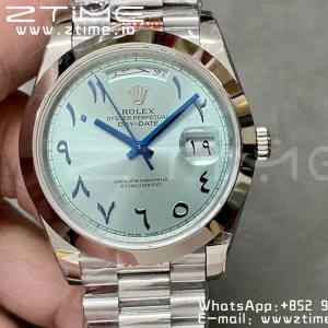 Rolex DayDate 228206 40mm GMF 1:1 Best Edition Ice Blue Dial Arabic Markers Polished Bezel on SS Bracelet A2836 (Tungsten Heavy Version) - Super Clone Watch | 1:1 Best Version