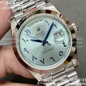 Rolex DayDate 228206 40mm GMF 1:1 Best Edition Ice Blue Dial Arabic Markers Polished Bezel on SS Bracelet A2836 (Tungsten Heavy Version) - Super Clone Watch | 1:1 Best Version