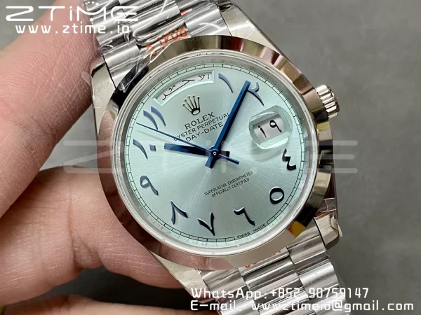 Rolex DayDate 228206 40mm GMF 1:1 Best Edition Ice Blue Dial Arabic Markers Polished Bezel on SS Bracelet A2836 (Tungsten Heavy Version) - Super Clone Watch | 1:1 Best Version