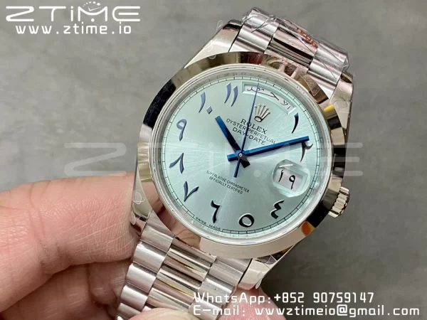 Rolex DayDate 228206 40mm GMF 1:1 Best Edition Ice Blue Dial Arabic Markers Polished Bezel on SS Bracelet A2836 (Tungsten Heavy Version) - Super Clone Watch | 1:1 Best Version