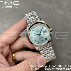 Rolex DayDate 228206 40mm GMF 1:1 Best Edition Ice Blue Dial Arabic Markers Polished Bezel on SS Bracelet A2836 (Tungsten Heavy Version) - Super Clone Watch | 1:1 Best Version