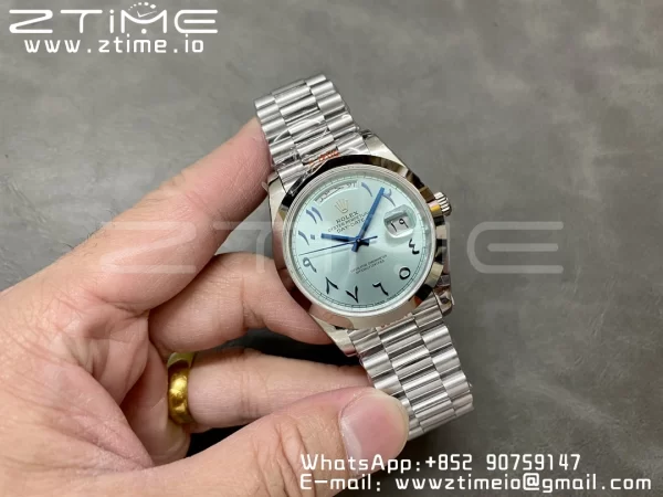 Rolex DayDate 228206 40mm GMF 1:1 Best Edition Ice Blue Dial Arabic Markers Polished Bezel on SS Bracelet A2836 (Tungsten Heavy Version) - Super Clone Watch | 1:1 Best Version