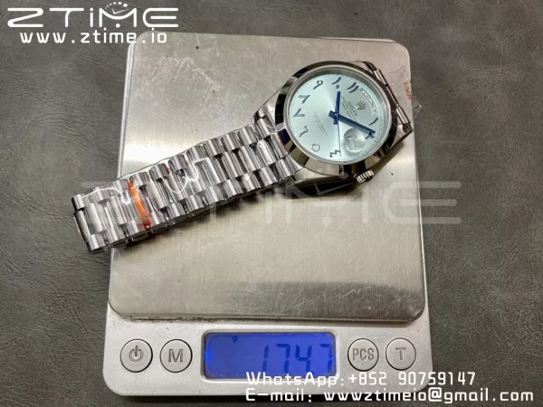 Rolex DayDate 228206 40mm GMF 1:1 Best Edition Ice Blue Dial Arabic Markers Polished Bezel on SS Bracelet A2836 (Tungsten Heavy Version) - Super Clone Watch | 1:1 Best Version