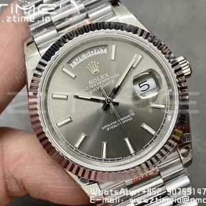 Rolex DayDate 228236 40mm GMF 1:1 Best Edition Gray Dial  Fluted Bezel on SS Bracelet A2836 (Tungsten Heavy Version) - Super Clone Watch | 1:1 Best Version