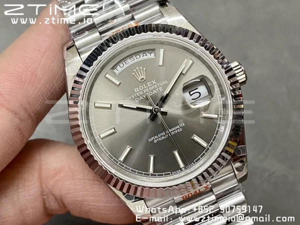 Rolex DayDate 228236 40mm GMF 1:1 Best Edition Gray Dial  Fluted Bezel on SS Bracelet A2836 (Tungsten Heavy Version) - Super Clone Watch | 1:1 Best Version