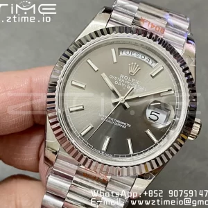 Rolex DayDate 228236 40mm GMF 1:1 Best Edition Gray Dial  Fluted Bezel on SS Bracelet A2836 (Tungsten Heavy Version) - Super Clone Watch | 1:1 Best Version