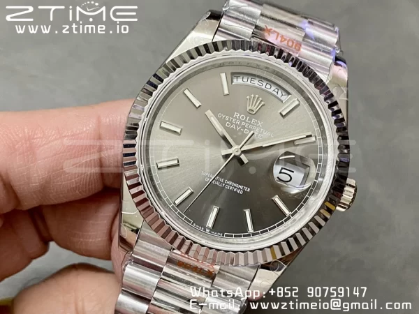 Rolex DayDate 228236 40mm GMF 1:1 Best Edition Gray Dial  Fluted Bezel on SS Bracelet A2836 (Tungsten Heavy Version) - Super Clone Watch | 1:1 Best Version