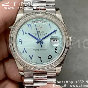 Rolex DayDate 228396 40mm GMF 1:1 Best Edition Ice Blue Dial Arabic Markers Diamonds Bezel on SS Bracelet A2836 (Tungsten Heavy Version) - Super Clone Watch | 1:1 Best Version