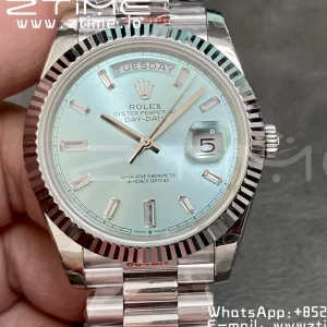 Rolex DayDate 228396 40mm GMF 1:1 Best Edition Ice Blue Dial Diamonds Markers Fluted Bezel on SS Bracelet A2836 (Tungsten Heavy Version) - Super Clone Watch | 1:1 Best Version