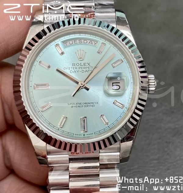 Rolex DayDate 228396 40mm GMF 1:1 Best Edition Ice Blue Dial Diamonds Markers Fluted Bezel on SS Bracelet A2836 (Tungsten Heavy Version) - Super Clone Watch | 1:1 Best Version