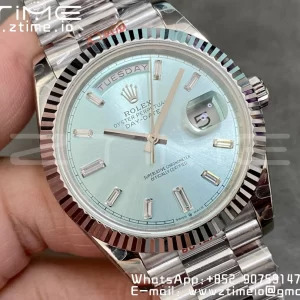 Rolex DayDate 228396 40mm GMF 1:1 Best Edition Ice Blue Dial Diamonds Markers Fluted Bezel on SS Bracelet A2836 (Tungsten Heavy Version) - Super Clone Watch | 1:1 Best Version
