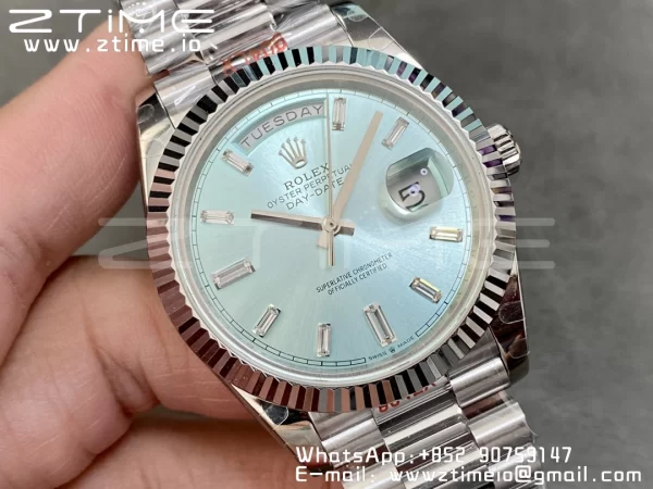 Rolex DayDate 228396 40mm GMF 1:1 Best Edition Ice Blue Dial Diamonds Markers Fluted Bezel on SS Bracelet A2836 (Tungsten Heavy Version) - Super Clone Watch | 1:1 Best Version
