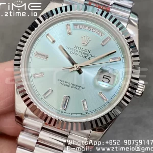 Rolex DayDate 228396 40mm GMF 1:1 Best Edition Ice Blue Dial Diamonds Markers Fluted Bezel on SS Bracelet A2836 (Tungsten Heavy Version) - Super Clone Watch | 1:1 Best Version