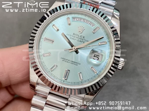 Rolex DayDate 228396 40mm GMF 1:1 Best Edition Ice Blue Dial Diamonds Markers Fluted Bezel on SS Bracelet A2836 (Tungsten Heavy Version) - Super Clone Watch | 1:1 Best Version