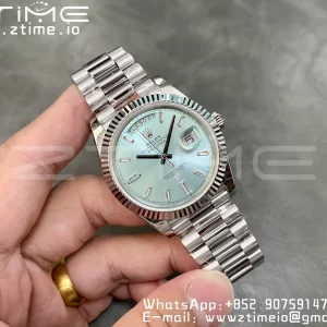 Rolex DayDate 228396 40mm GMF 1:1 Best Edition Ice Blue Dial Diamonds Markers Fluted Bezel on SS Bracelet A2836 (Tungsten Heavy Version) - Super Clone Watch | 1:1 Best Version