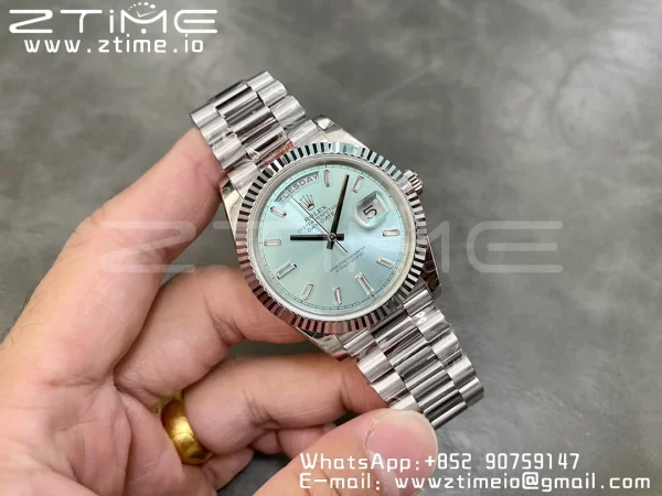 Rolex DayDate 228396 40mm GMF 1:1 Best Edition Ice Blue Dial Diamonds Markers Fluted Bezel on SS Bracelet A2836 (Tungsten Heavy Version) - Super Clone Watch | 1:1 Best Version