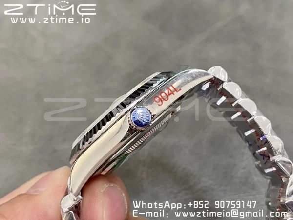 Rolex DayDate 228396 40mm GMF 1:1 Best Edition Ice Blue Dial Diamonds Markers Fluted Bezel on SS Bracelet A2836 (Tungsten Heavy Version) - Super Clone Watch | 1:1 Best Version