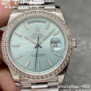 Rolex DayDate 228236 40mm GMF 1:1 Best Edition Ice Blue check  Dial  Diamonds Bezel on SS Bracelet A2836 (Tungsten Heavy Version) - Super Clone Watch | 1:1 Best Version