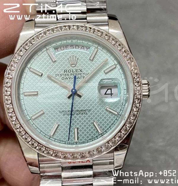 Rolex DayDate 228236 40mm GMF 1:1 Best Edition Ice Blue check  Dial  Diamonds Bezel on SS Bracelet A2836 (Tungsten Heavy Version) - Super Clone Watch | 1:1 Best Version