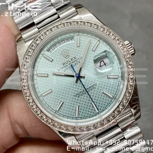 Rolex DayDate 228236 40mm GMF 1:1 Best Edition Ice Blue check  Dial  Diamonds Bezel on SS Bracelet A2836 (Tungsten Heavy Version) - Super Clone Watch | 1:1 Best Version