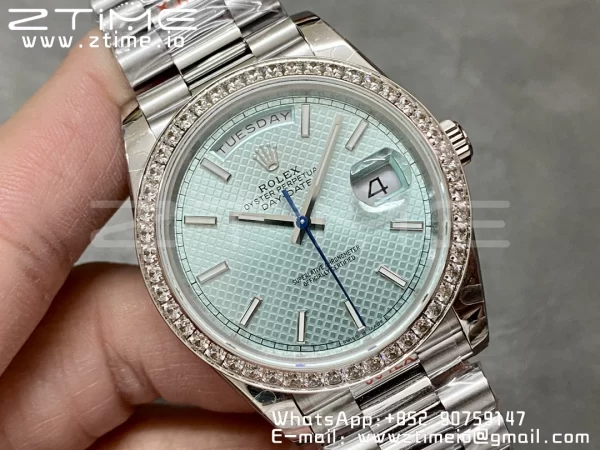 Rolex DayDate 228236 40mm GMF 1:1 Best Edition Ice Blue check  Dial  Diamonds Bezel on SS Bracelet A2836 (Tungsten Heavy Version) - Super Clone Watch | 1:1 Best Version