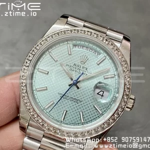 Rolex DayDate 228236 40mm GMF 1:1 Best Edition Ice Blue check  Dial  Diamonds Bezel on SS Bracelet A2836 (Tungsten Heavy Version) - Super Clone Watch | 1:1 Best Version