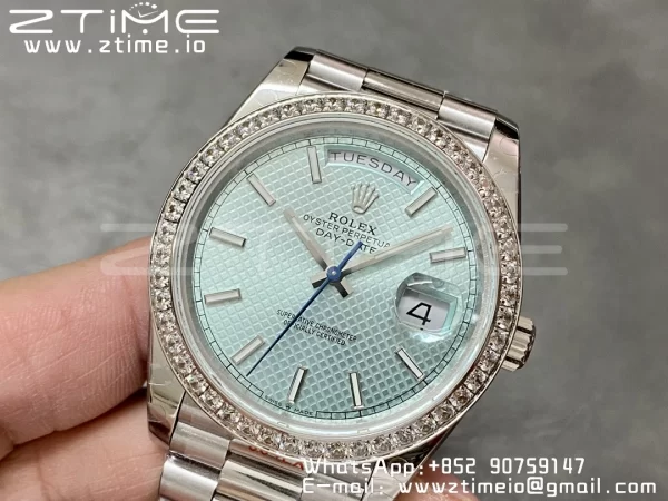 Rolex DayDate 228236 40mm GMF 1:1 Best Edition Ice Blue check  Dial  Diamonds Bezel on SS Bracelet A2836 (Tungsten Heavy Version) - Super Clone Watch | 1:1 Best Version