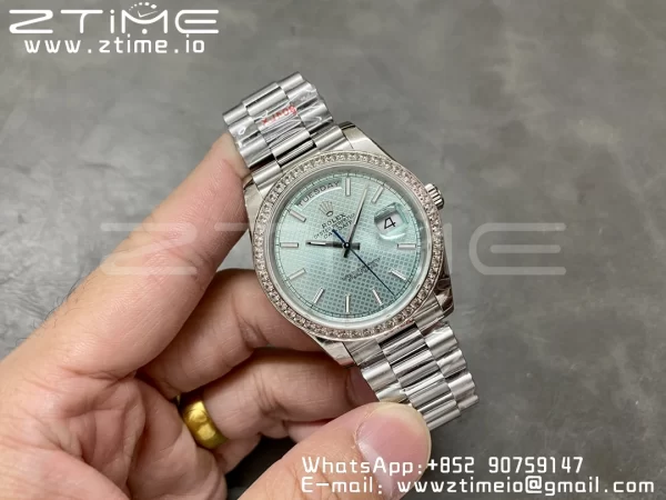 Rolex DayDate 228236 40mm GMF 1:1 Best Edition Ice Blue check  Dial  Diamonds Bezel on SS Bracelet A2836 (Tungsten Heavy Version) - Super Clone Watch | 1:1 Best Version