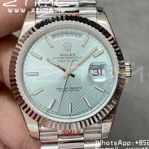Rolex DayDate 228236 40mm GMF 1:1 Best Edition Ice Blue check  Dial  Fluted Bezel on SS Bracelet A2836 (Tungsten Heavy Version) - Super Clone Watch | 1:1 Best Version
