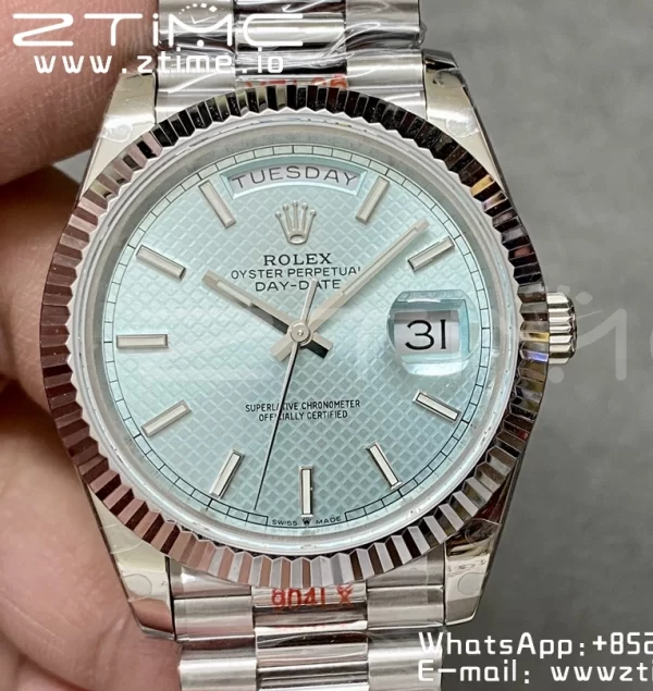 Rolex DayDate 228236 40mm GMF 1:1 Best Edition Ice Blue check  Dial  Fluted Bezel on SS Bracelet A2836 (Tungsten Heavy Version) - Super Clone Watch | 1:1 Best Version