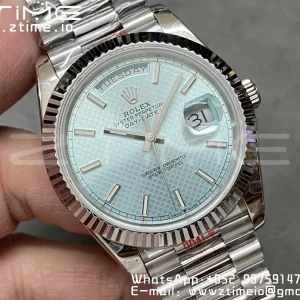 Rolex DayDate 228236 40mm GMF 1:1 Best Edition Ice Blue check  Dial  Fluted Bezel on SS Bracelet A2836 (Tungsten Heavy Version) - Super Clone Watch | 1:1 Best Version