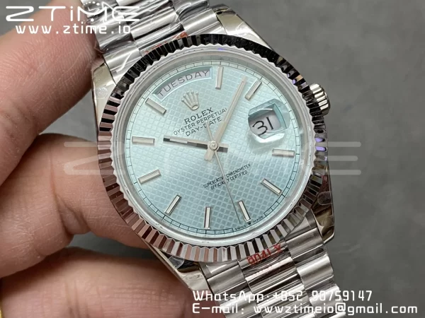 Rolex DayDate 228236 40mm GMF 1:1 Best Edition Ice Blue check  Dial  Fluted Bezel on SS Bracelet A2836 (Tungsten Heavy Version) - Super Clone Watch | 1:1 Best Version