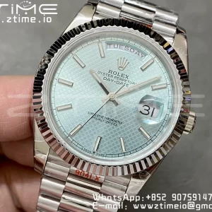 Rolex DayDate 228236 40mm GMF 1:1 Best Edition Ice Blue check  Dial  Fluted Bezel on SS Bracelet A2836 (Tungsten Heavy Version) - Super Clone Watch | 1:1 Best Version