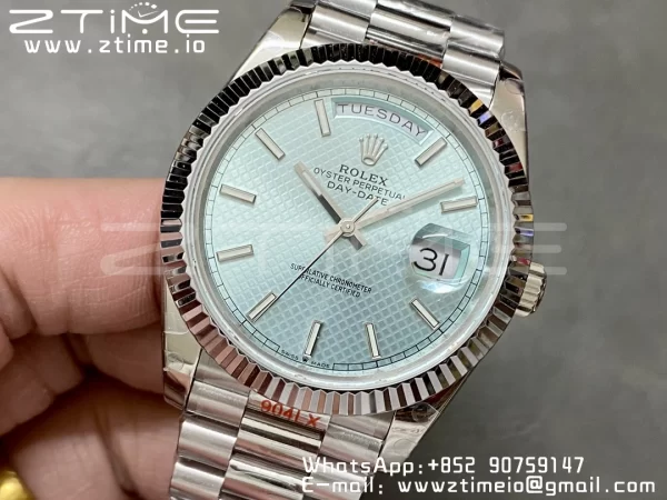 Rolex DayDate 228236 40mm GMF 1:1 Best Edition Ice Blue check  Dial  Fluted Bezel on SS Bracelet A2836 (Tungsten Heavy Version) - Super Clone Watch | 1:1 Best Version
