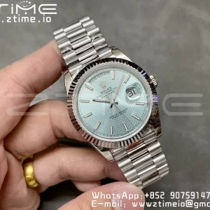 Rolex DayDate 228236 40mm GMF 1:1 Best Edition Ice Blue check  Dial  Fluted Bezel on SS Bracelet A2836 (Tungsten Heavy Version) - Super Clone Watch | 1:1 Best Version