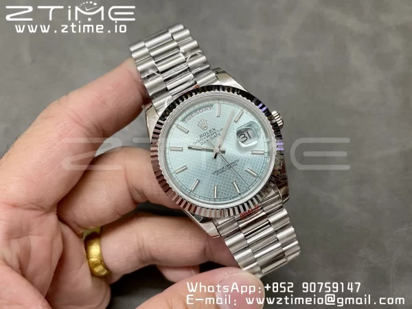 Rolex DayDate 228236 40mm GMF 1:1 Best Edition Ice Blue check  Dial  Fluted Bezel on SS Bracelet A2836 (Tungsten Heavy Version) - Super Clone Watch | 1:1 Best Version